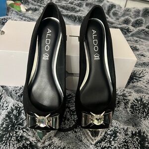 ALDO Black Heels with Silver Bow Detail